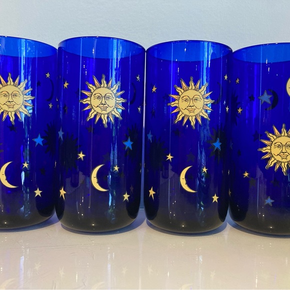 RARE Vintage Libbey Cobalt Blue Celestial Tumblers Sun Moon Stars Glass set of 4 - Picture 1 of 12